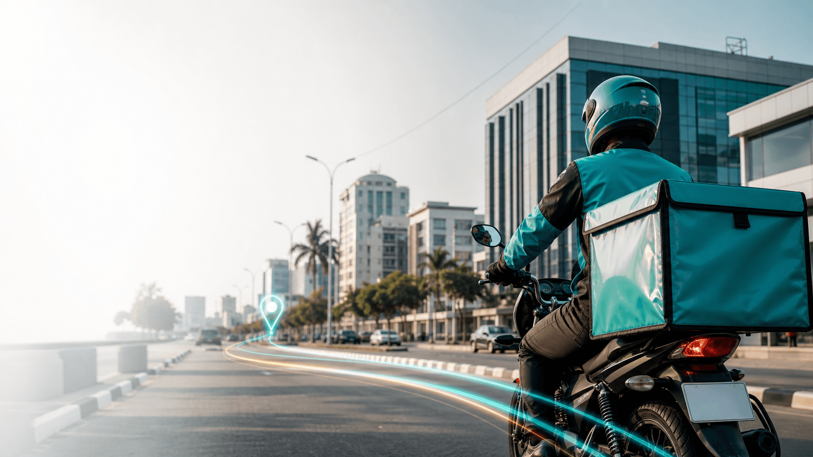 Fastify courier moving through a modern city with logistics tracking trails